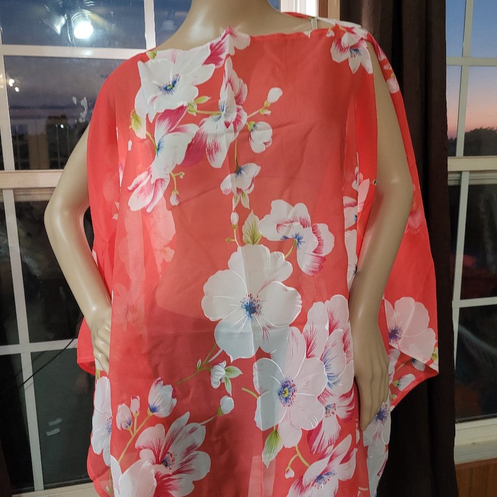 Red floral sheer cape-sleeve poncho